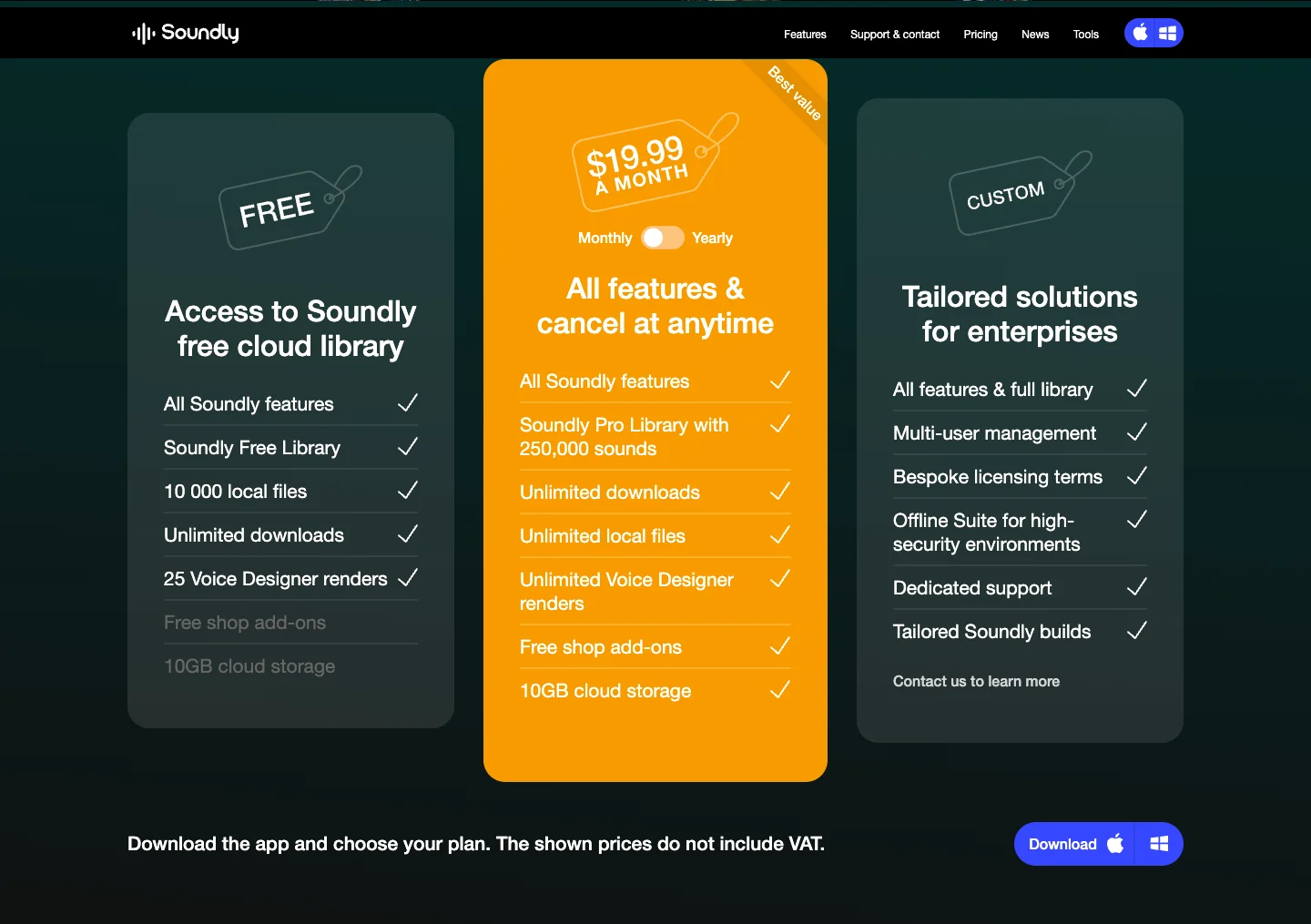Soundly: screenshot of the official pricing page with monthly billing selected, captured on 23 October 2026.