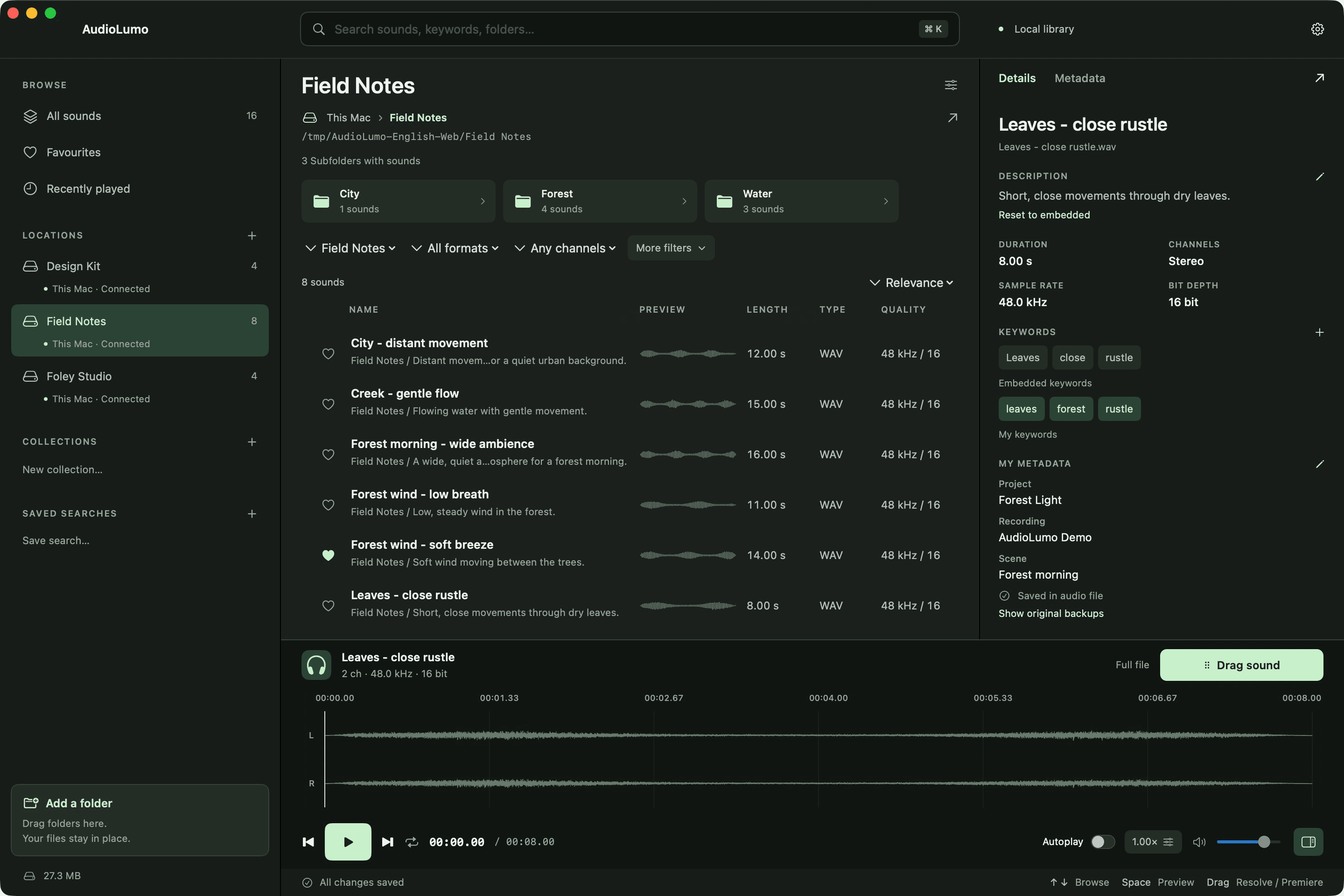 AudioLumo folder browser showing a forest folder, its full path and four sounds