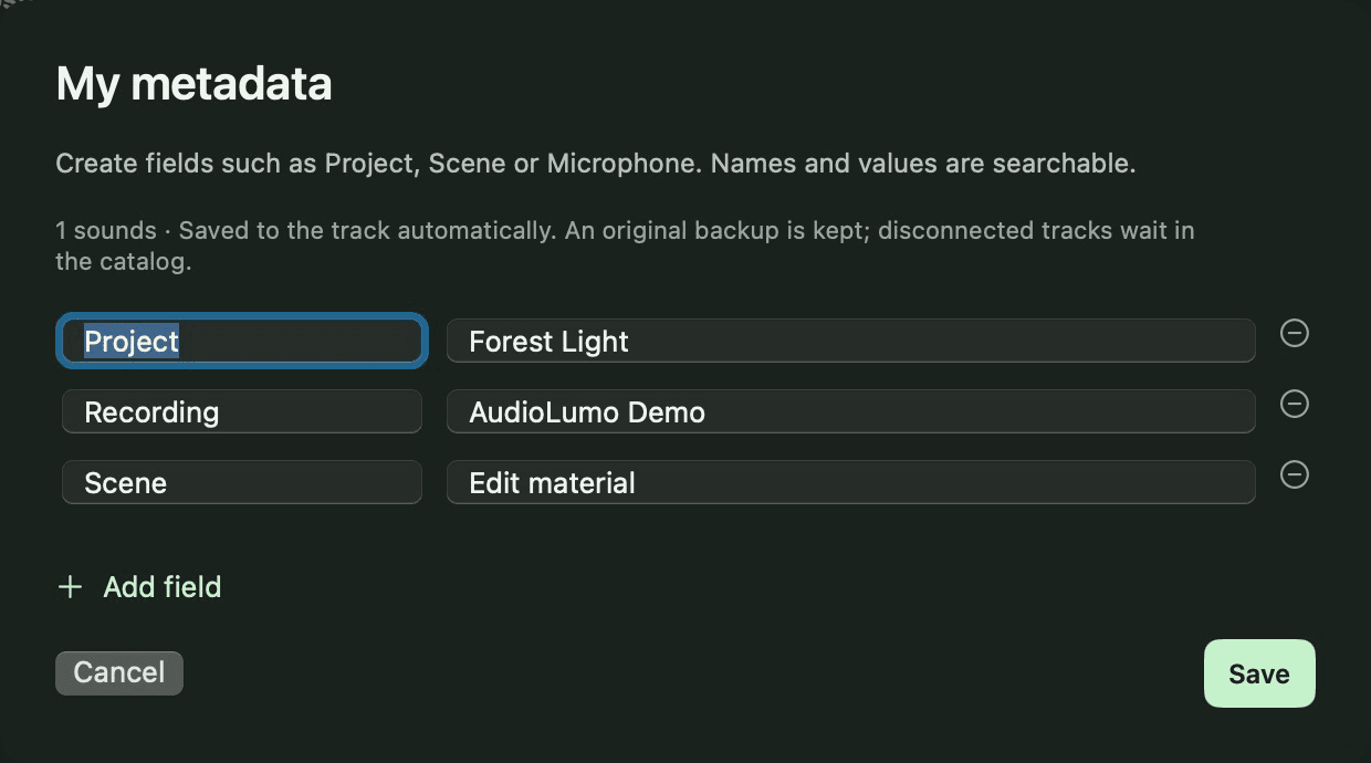 AudioLumo: captura real con archivos de ejemplo. Interfaz en inglés; la app admite actualmente inglés y alemán.