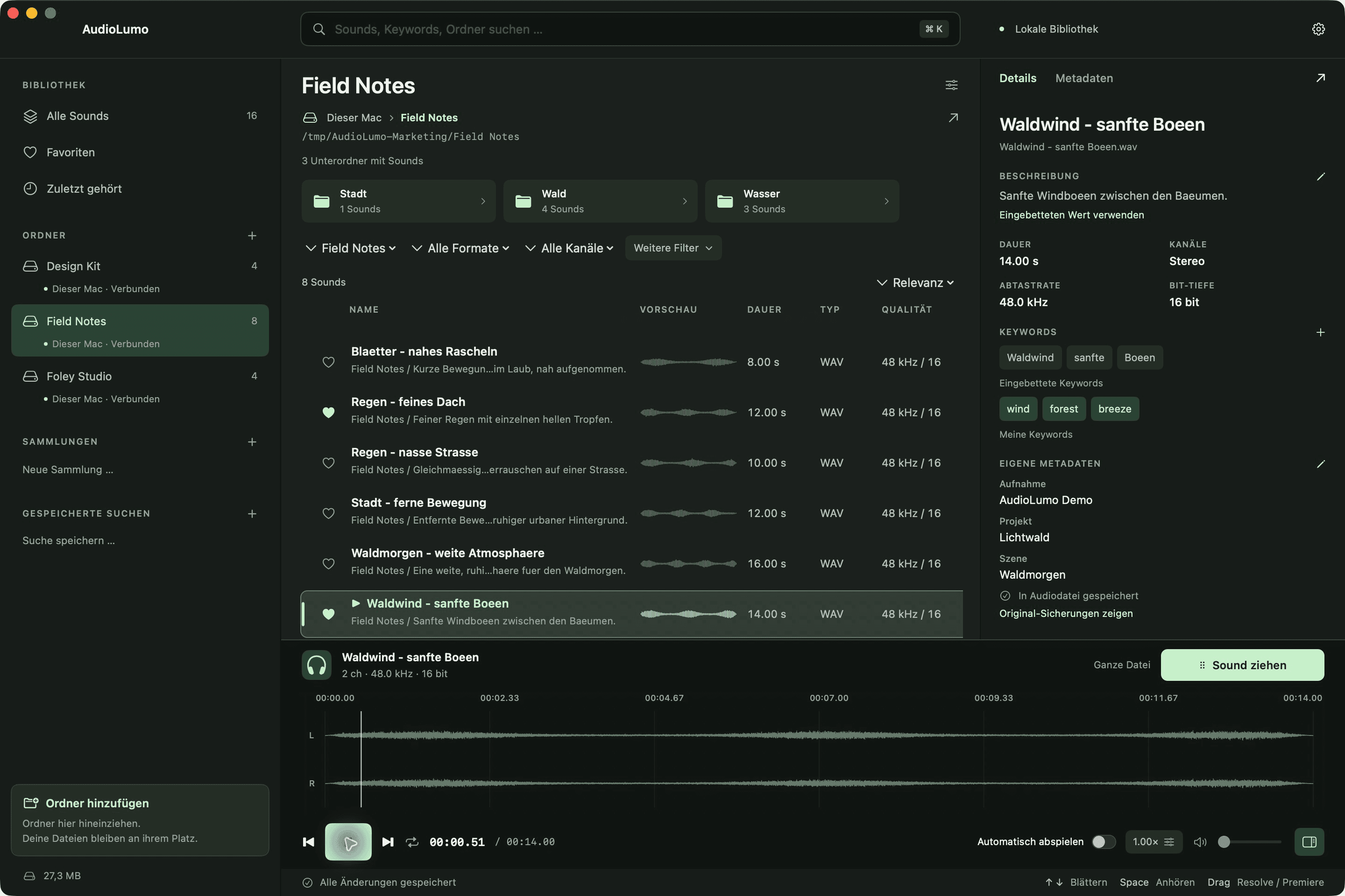 Die AudioLumo-App mit Ordnerbibliothek, Soundliste, Wellenform-Player und eigenen Metadaten